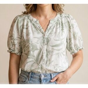 Sage Green Floral Linen Blend Smocked Puff Sleeve Blouse Size Large